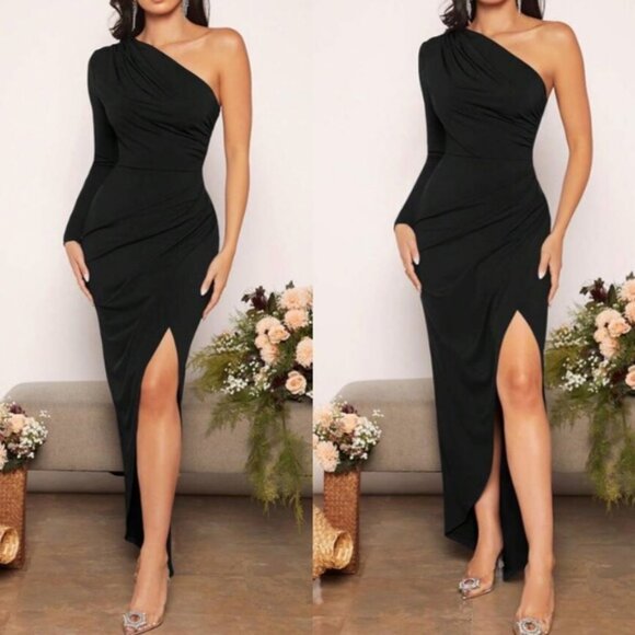 Luxe one shoulder wrap hem party formal  gown dress - Picture 1 of 8